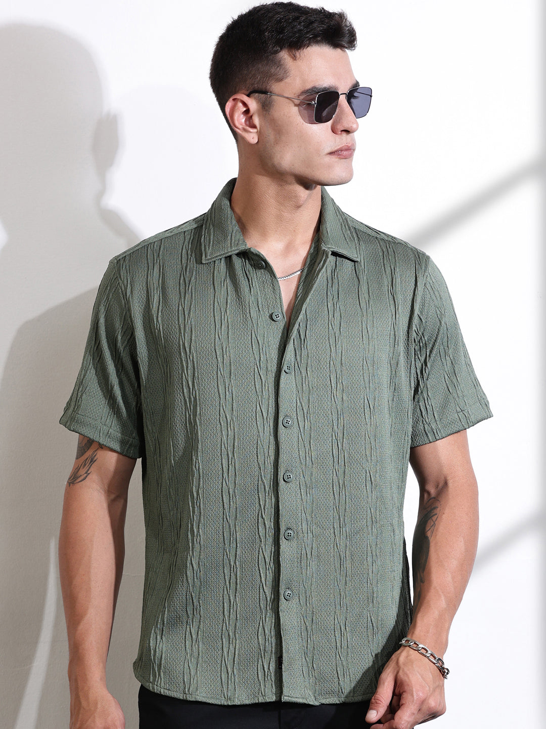 Thomas Scott Men Green Oversized Textured Knitted Casual Shirt