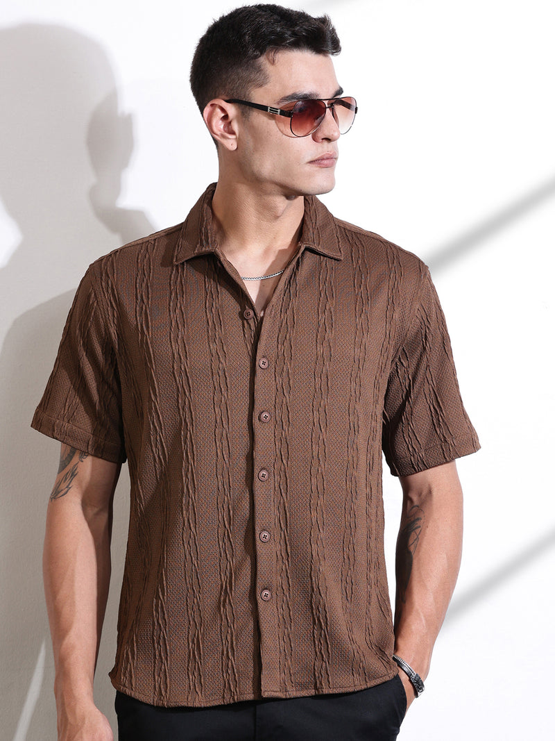 Thomas Scott Men Brown Oversized Textured Knitted Casual Shirt
