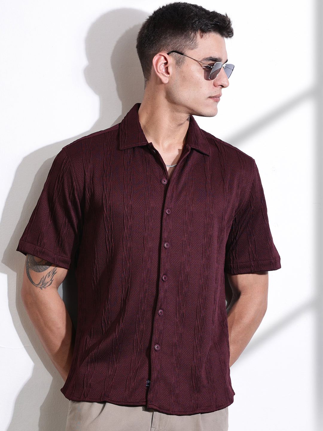 Thomas Scott Men Maroon Oversized Textured Knitted Casual Shirt