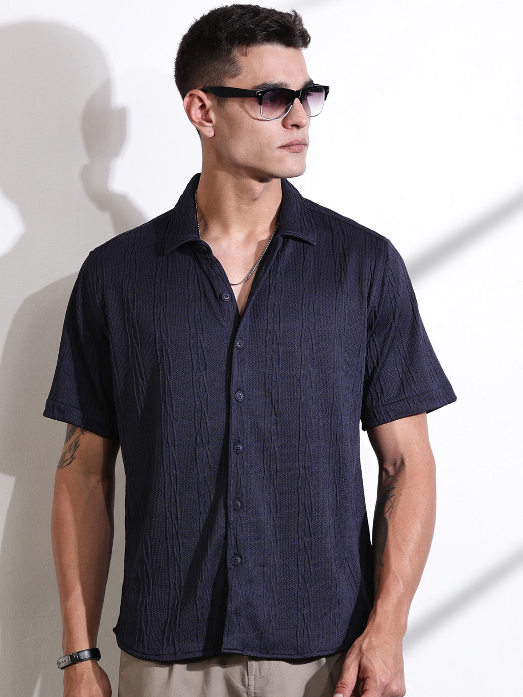Thomas Scott Men Navy Oversized Textured Knitted Casual Shirt