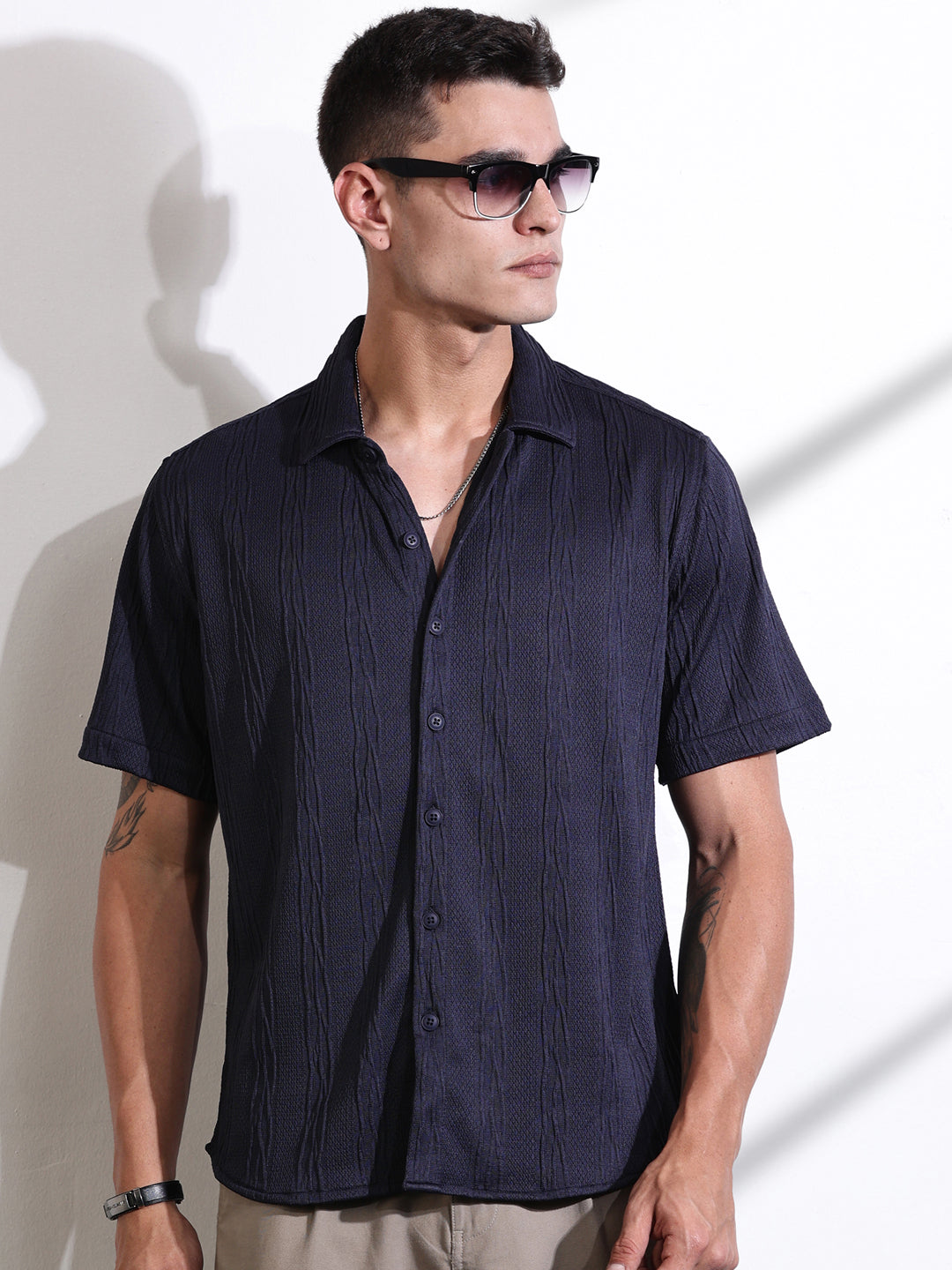 Thomas Scott Men Navy Oversized Textured Knitted Casual Shirt