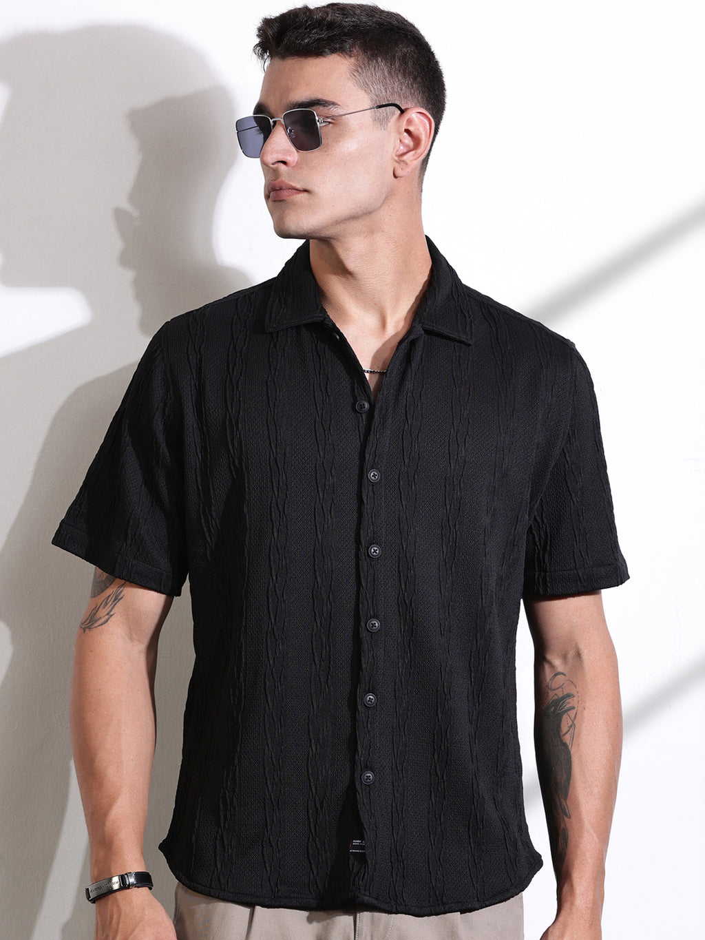 Thomas Scott Men Black Oversized Textured Knitted Casual Shirt