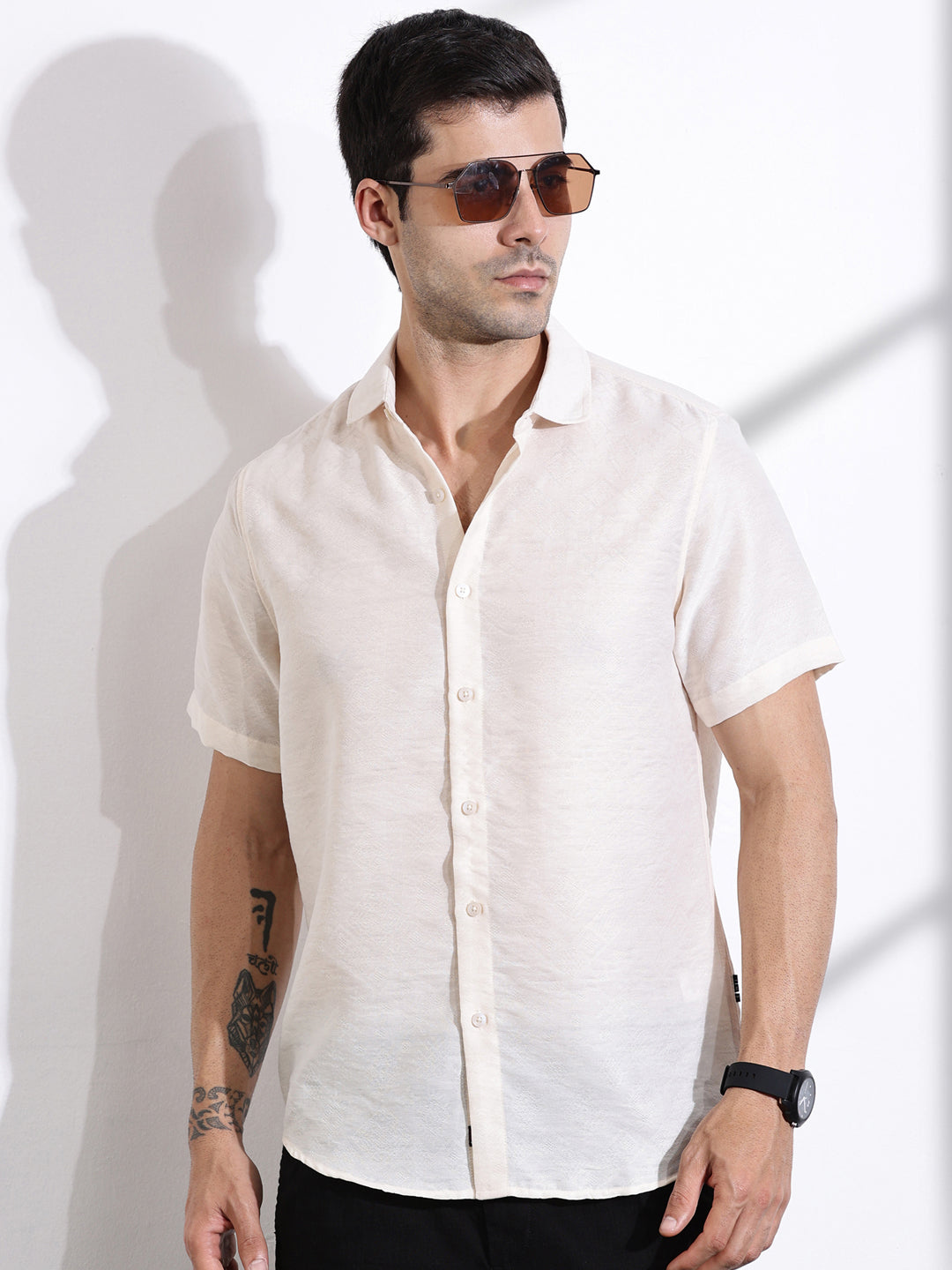 Thomas Scott Men Cream Slim Fit Geometric Print Casual Shirt