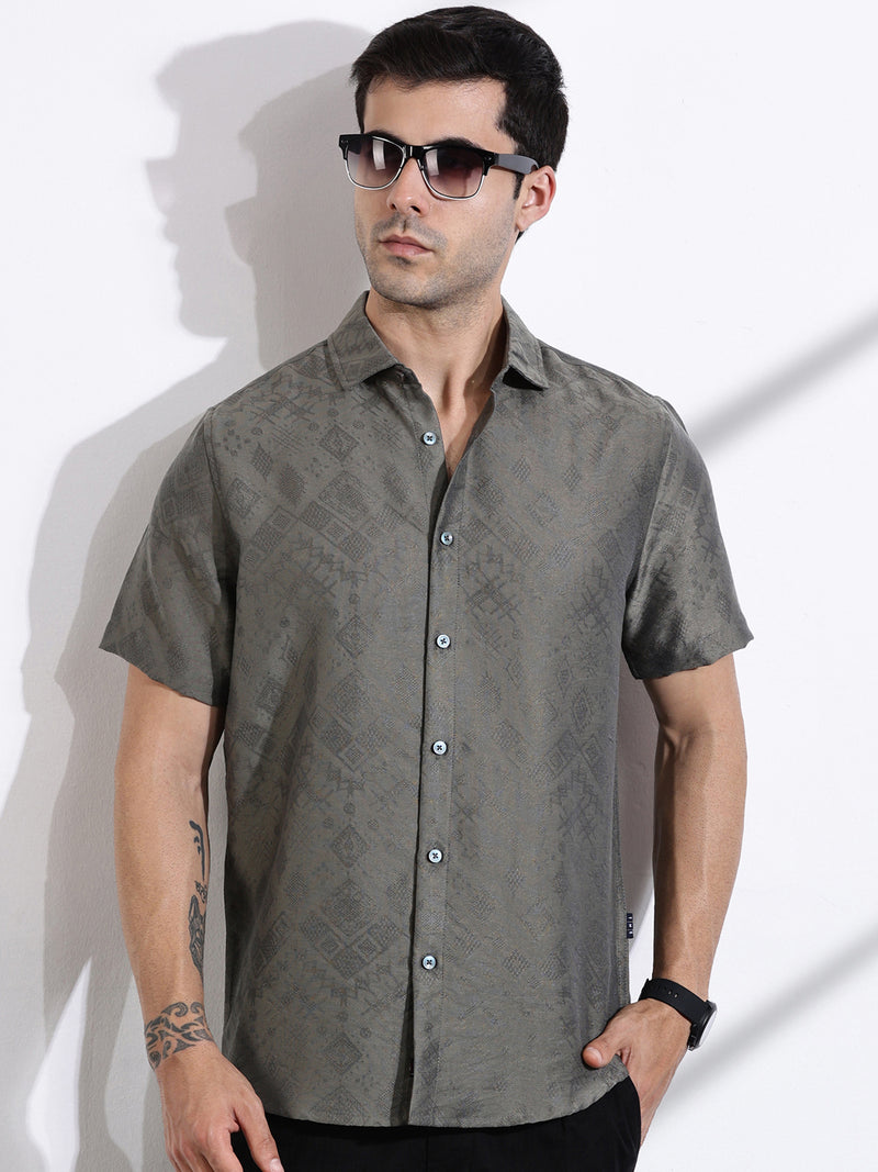 Thomas Scott Men Olive Slim Fit Geometric Print Casual Shirt