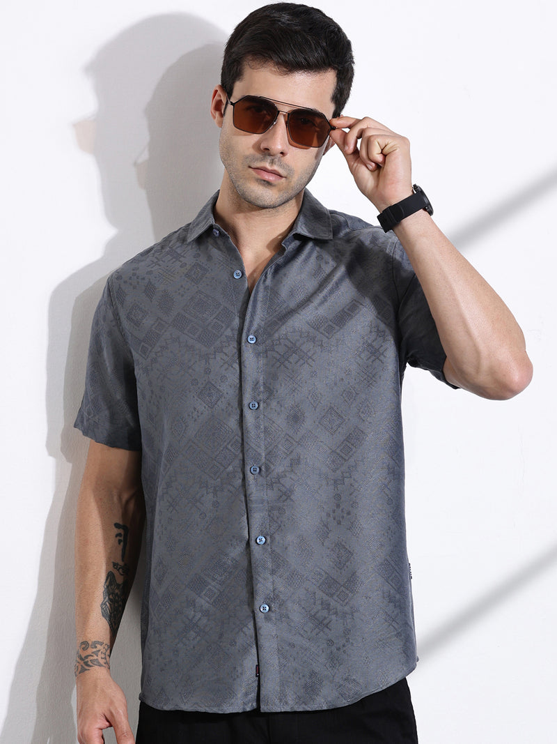Thomas Scott Men Grey Slim Fit Geometric Print Casual Shirt