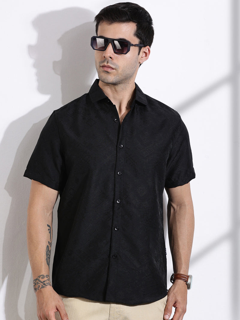 Thomas Scott Men Black Slim Fit Geometric Print Casual Shirt