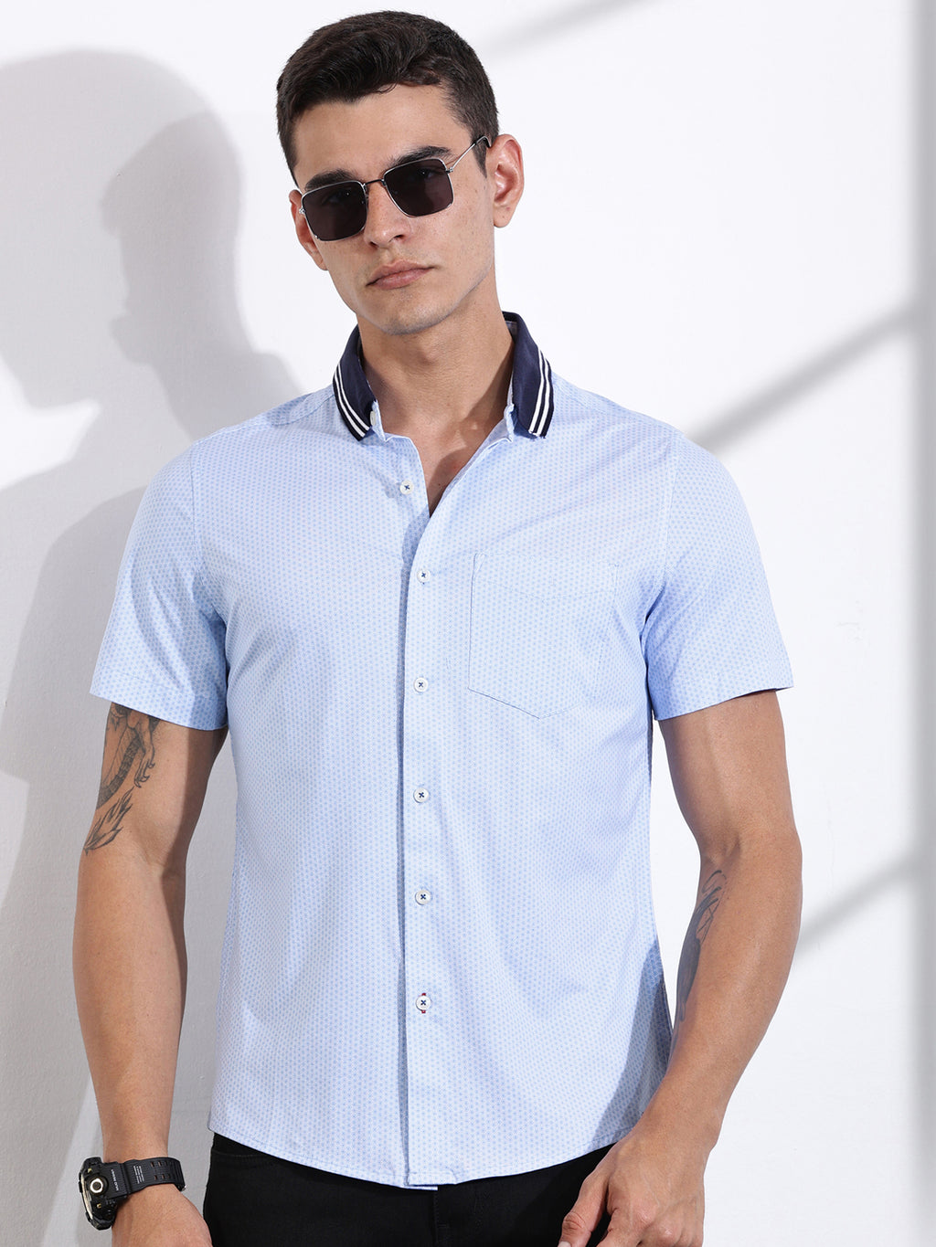Thomas Scott Men SkyBlue Slim Fit Micro Ditsy Printed Knit Shirt