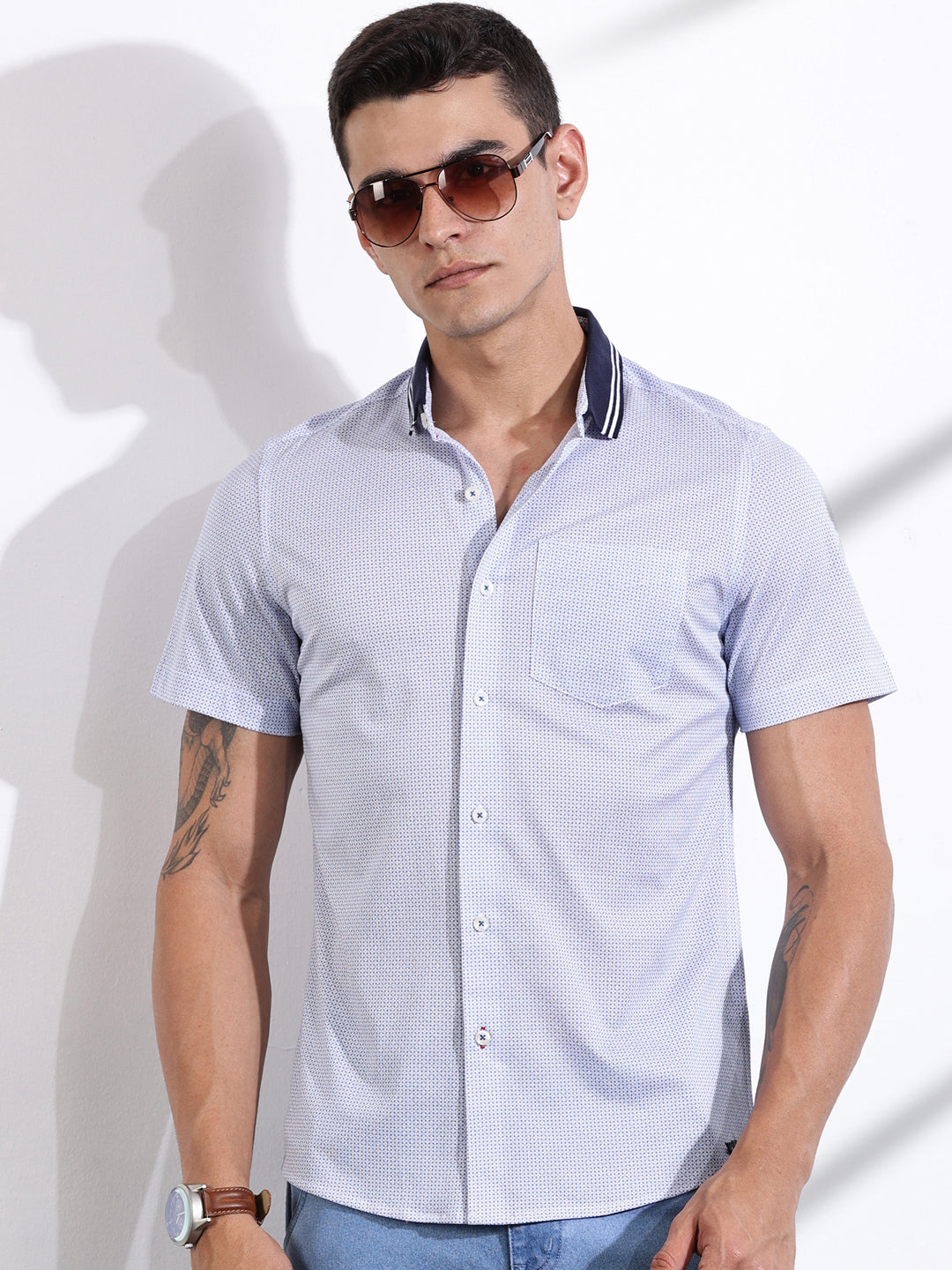Thomas Scott Men Blue Slim Fit Micro Ditsy Printed Knit Shirt