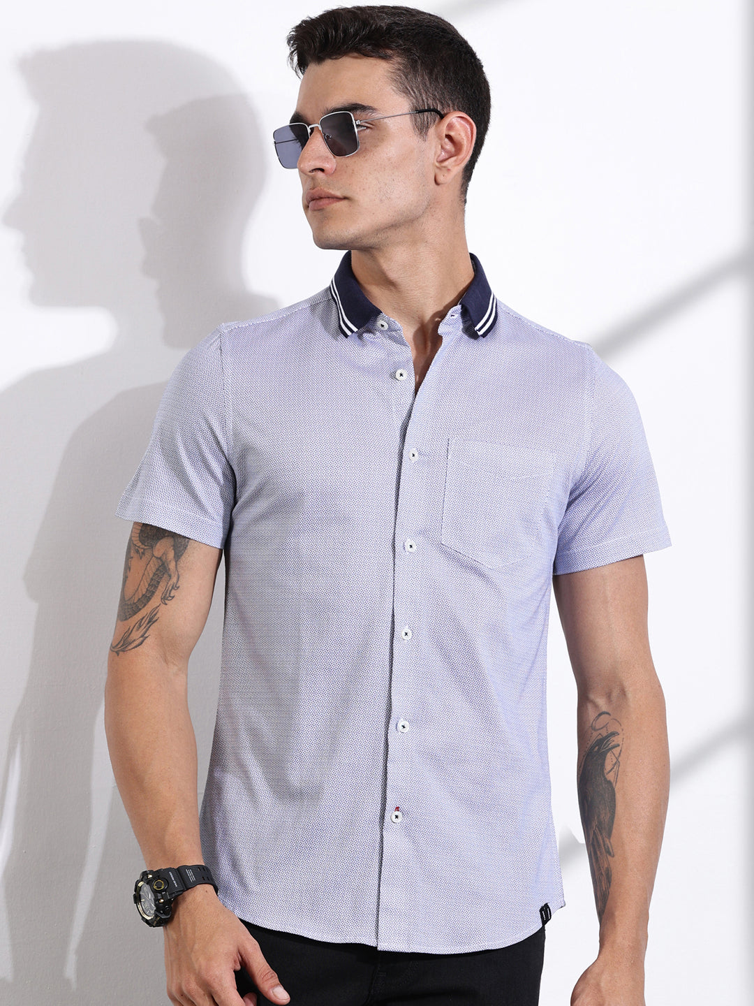 Thomas Scott Men LightNavy Slim Fit Micro Ditsy Printed Knit Shirt