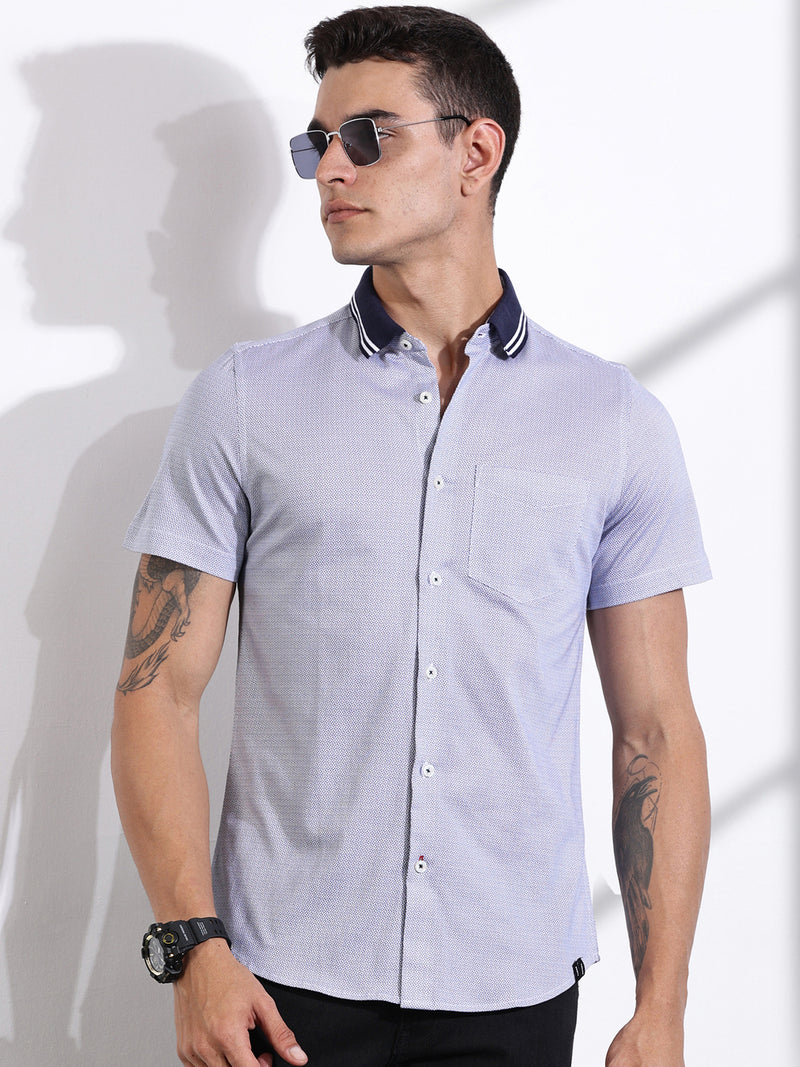 Thomas Scott Men LightNavy Slim Fit Micro Ditsy Printed Knit Shirt