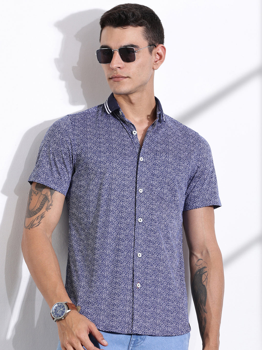 Thomas Scott Men Navy Slim Fit Abstract Printed Knit Shirt
