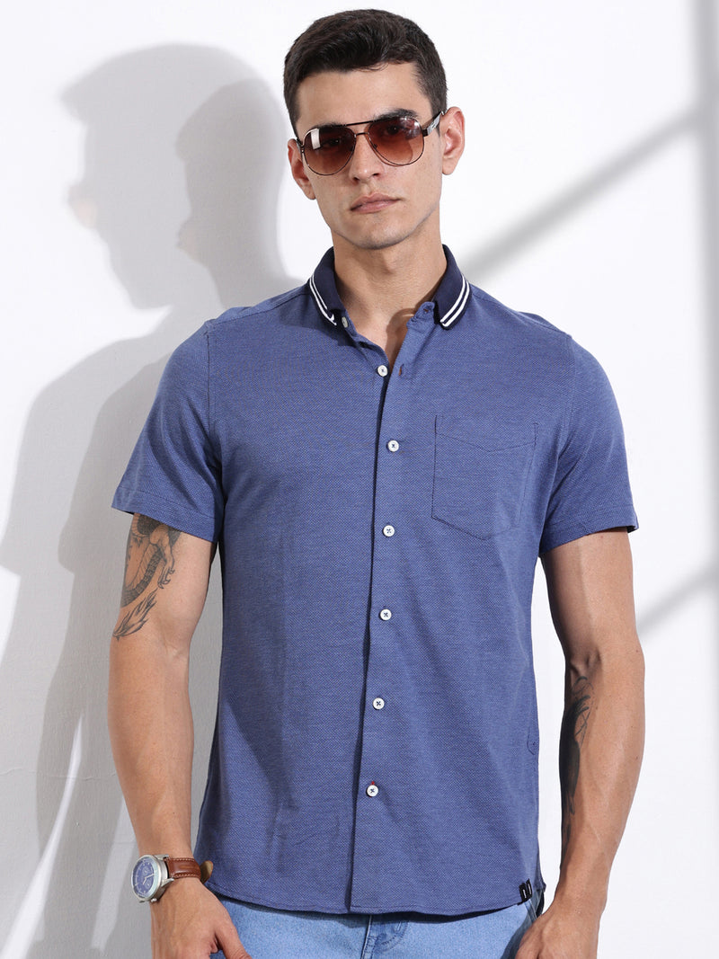 Thomas Scott Men DarkBlue Slim Fit Solid Knit Shirt