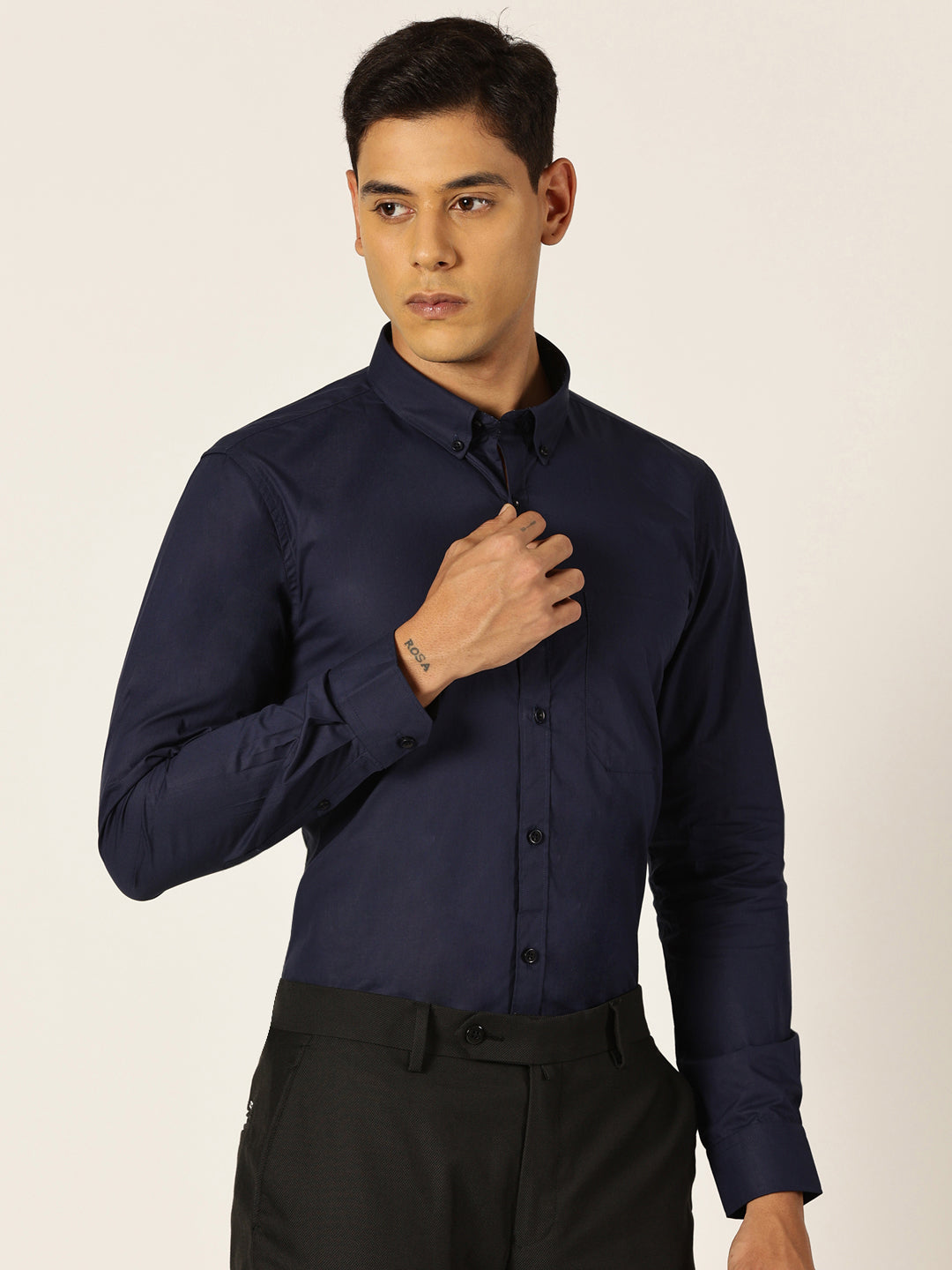 Thomas Scott Men NavyBlue Slim Fit Solid Cotton Formal Shirt