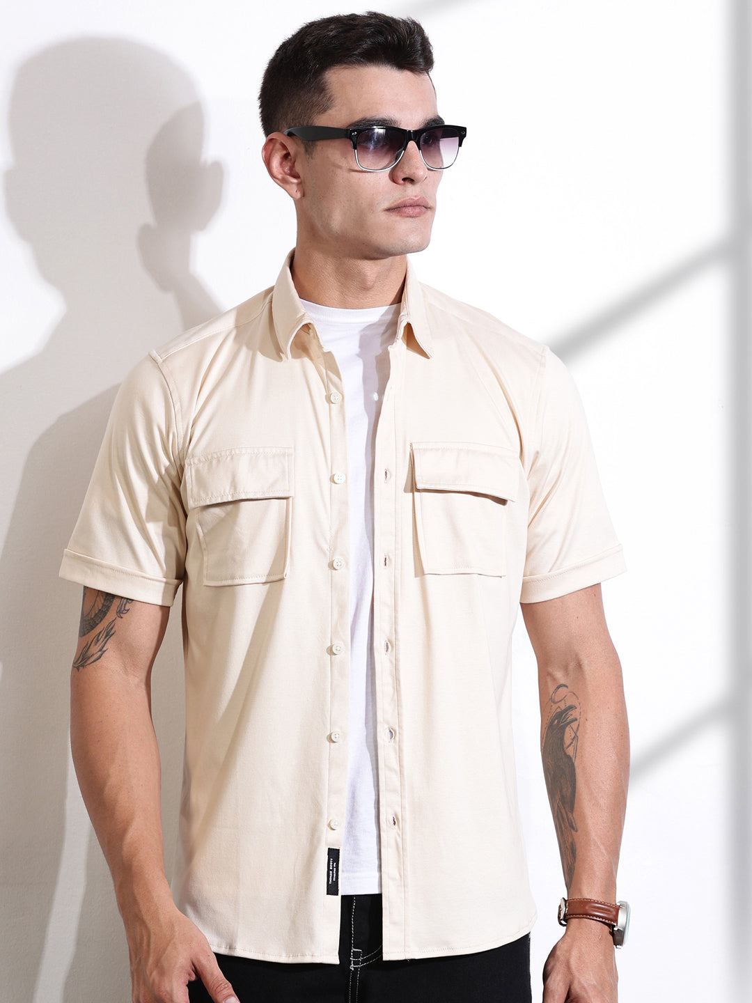 Thomas Scott Men Cream Slim Fit Solid Casual Shirt
