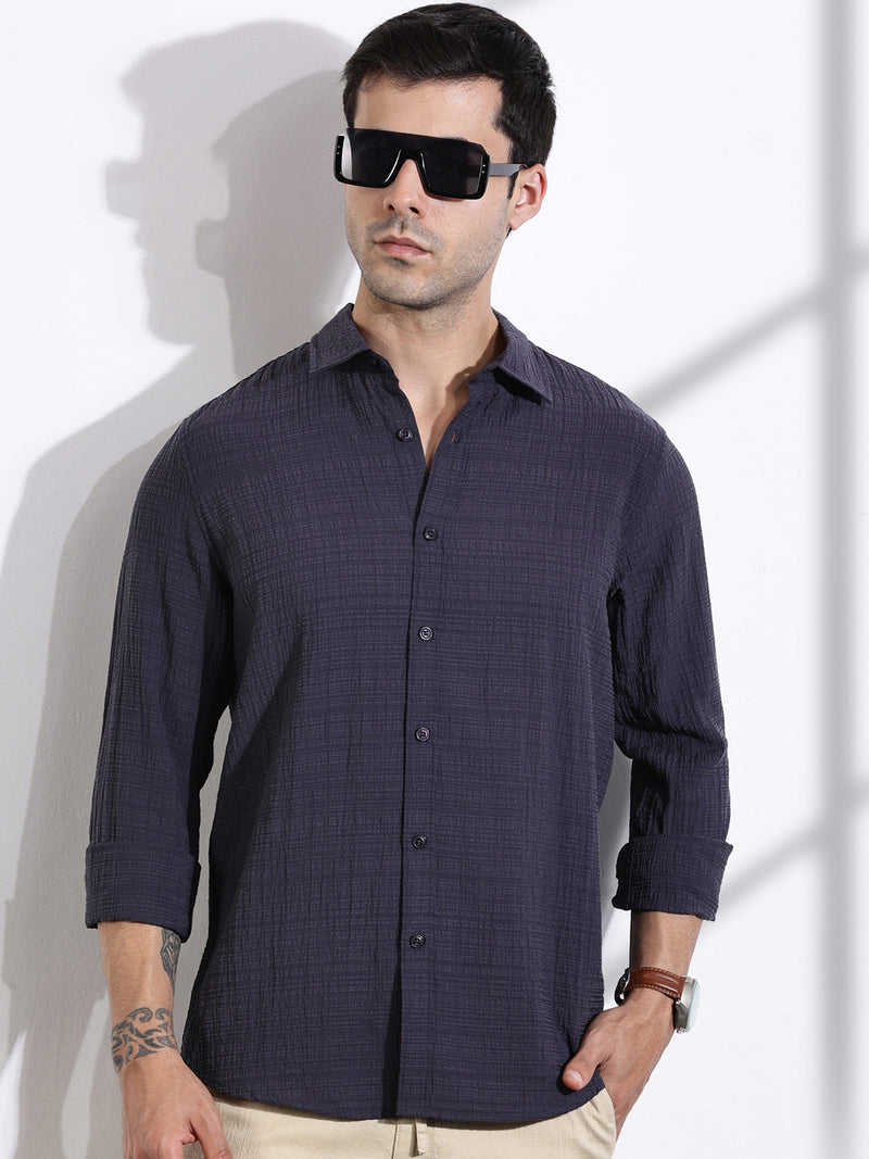 Thomas Scott Men DarkGrey Slim Fit Solid Seersucker Casual Shirt