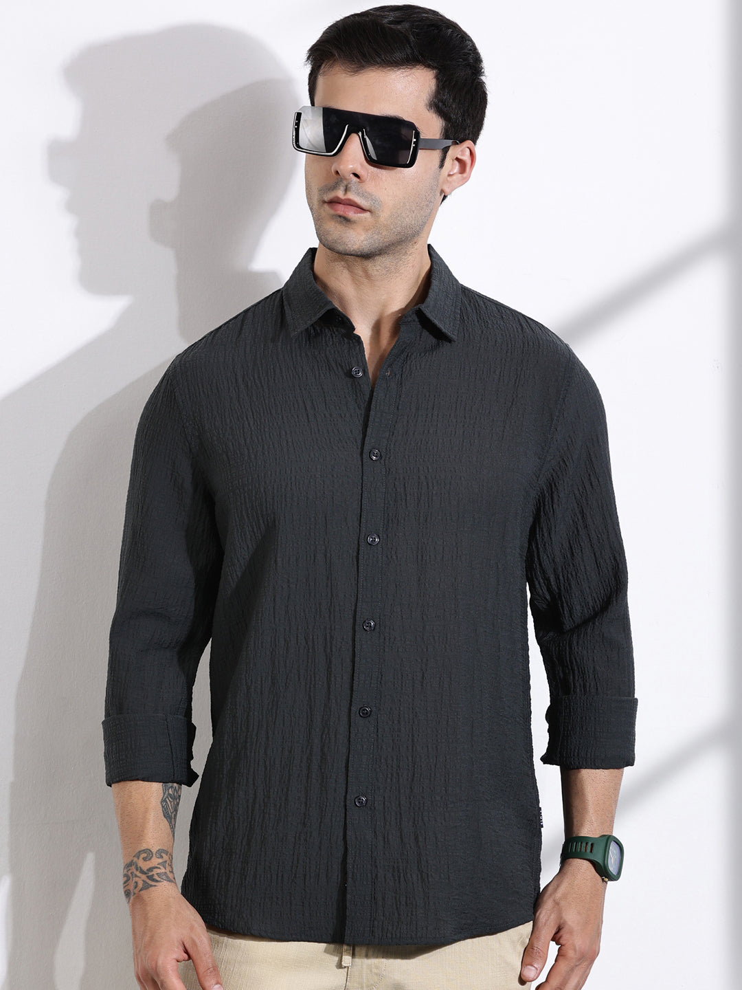 Thomas Scott Men BottleGreen Slim Fit Solid Seersucker Casual Shirt