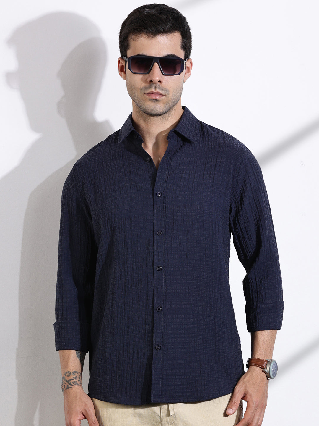 Thomas Scott Men MidBlue Slim Fit Solid Seersucker Casual Shirt