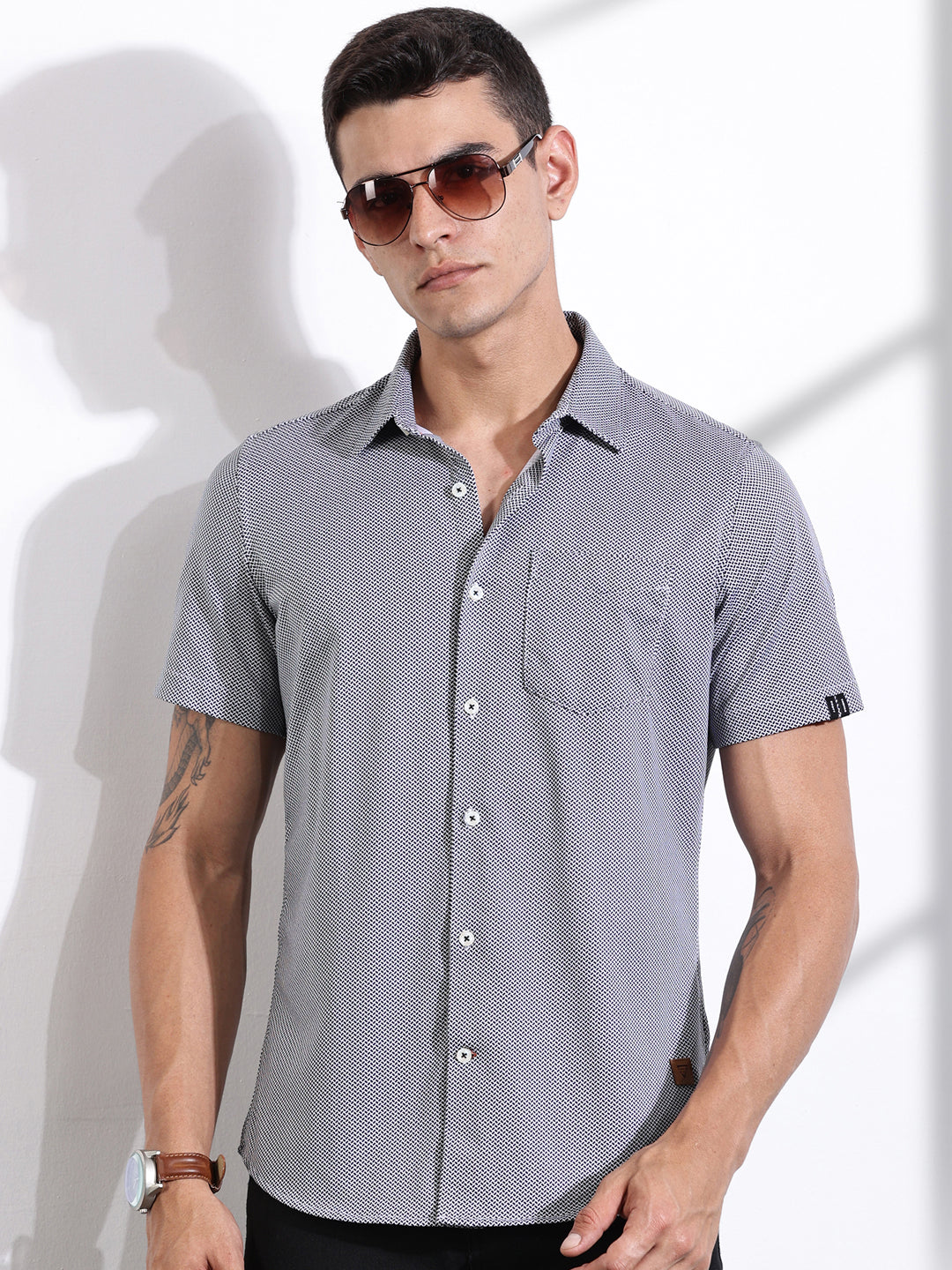 Thomas Scott Men Navy Slim Fit Micro Ditsy Printed Knitted Shirt