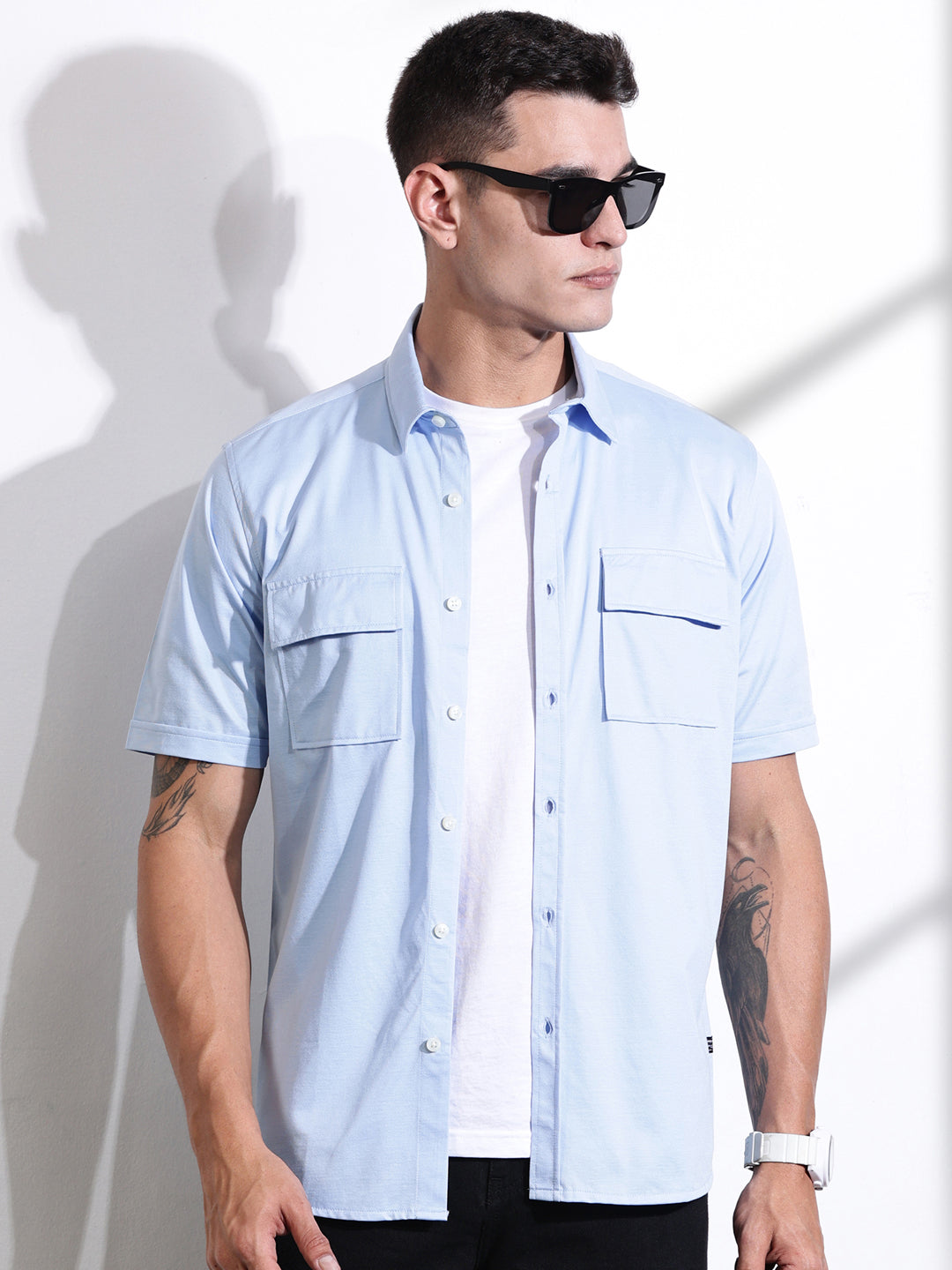 Thomas Scott Men Blue Slim Fit Short Sleeve Solid Cotton Knitted Shirt