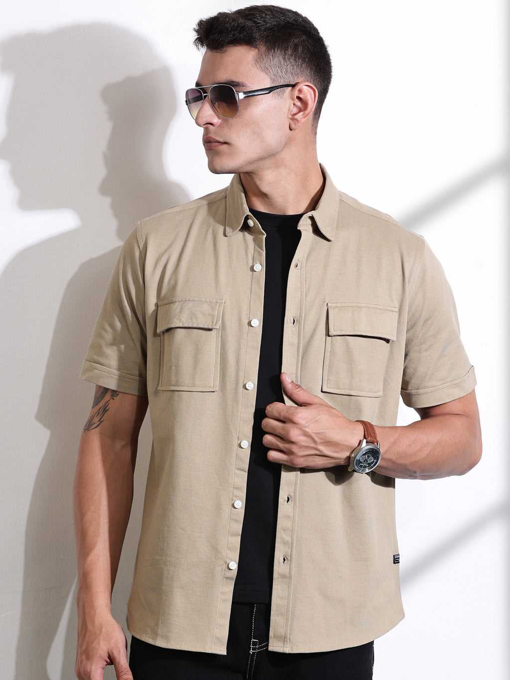 Thomas Scott Men Beige Slim Fit Short Sleeve Solid Cotton Knitted Shirt