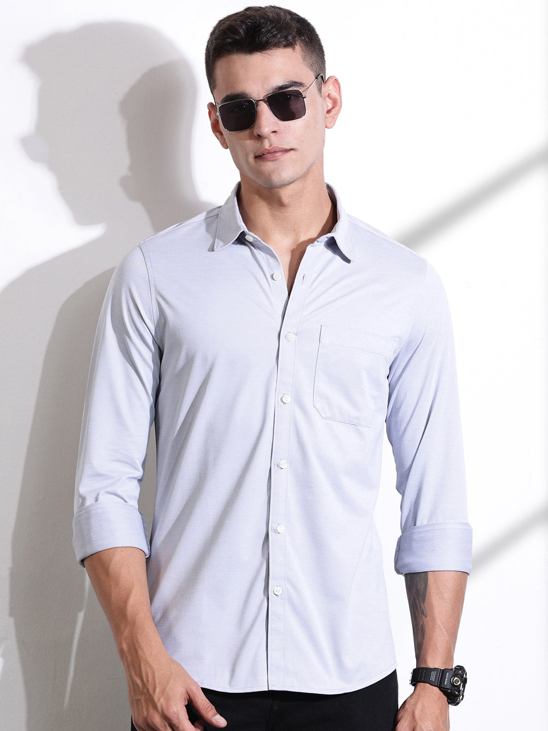 Thomas Scott Men LightGrey Slim Fit Solid Casual Shirt