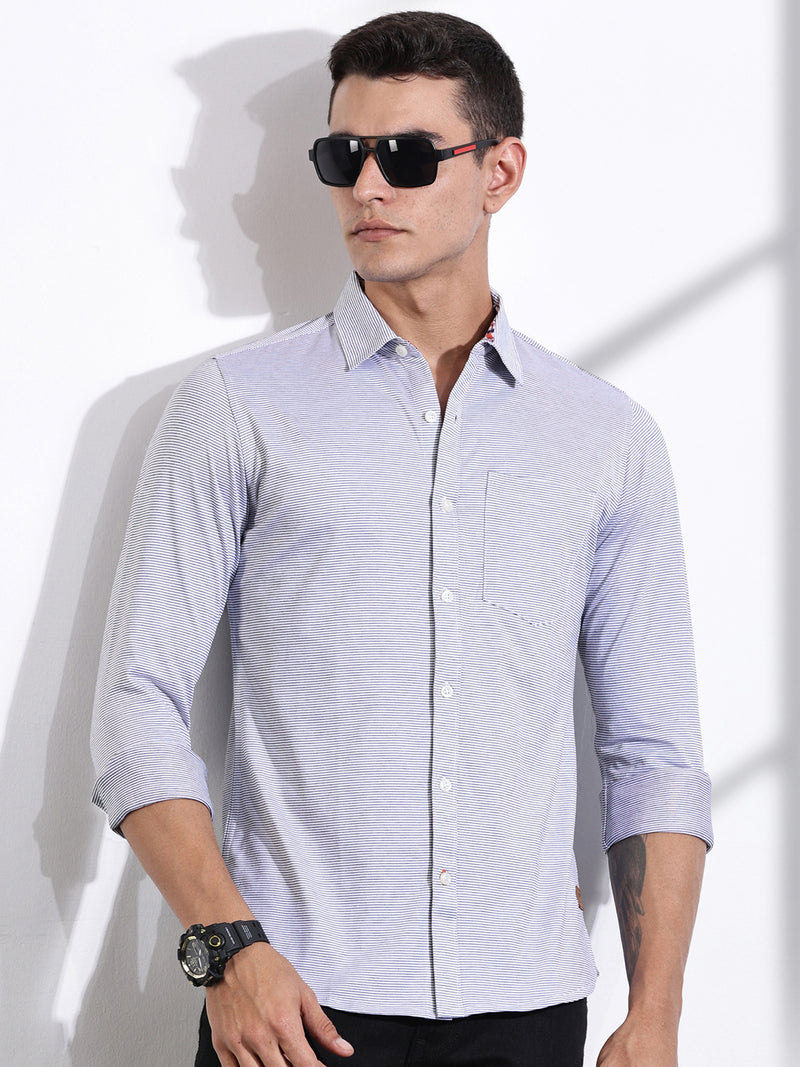 Thomas Scott Men Black Slim Fit Spread Collar Horizontal Striped Cotton Knitted Shirt