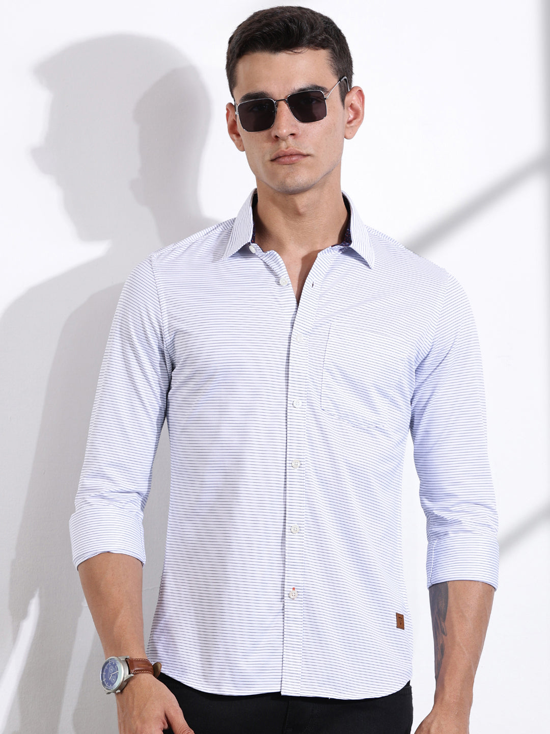 Thomas Scott Men SkyBlue Slim Fit Horizontal Stripes Cotton Knitted Shirt