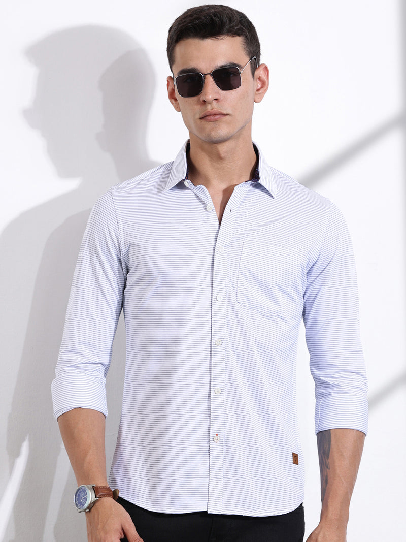 Thomas Scott Men SkyBlue Slim Fit Horizontal Stripes Cotton Knitted Shirt