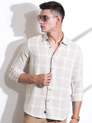 Beige Slim Fit Windowpane Checked Cotton Casual Shirt