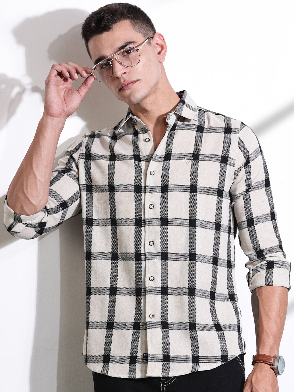Black Slim Fit Windowpane Checked Cotton Casual Shirt