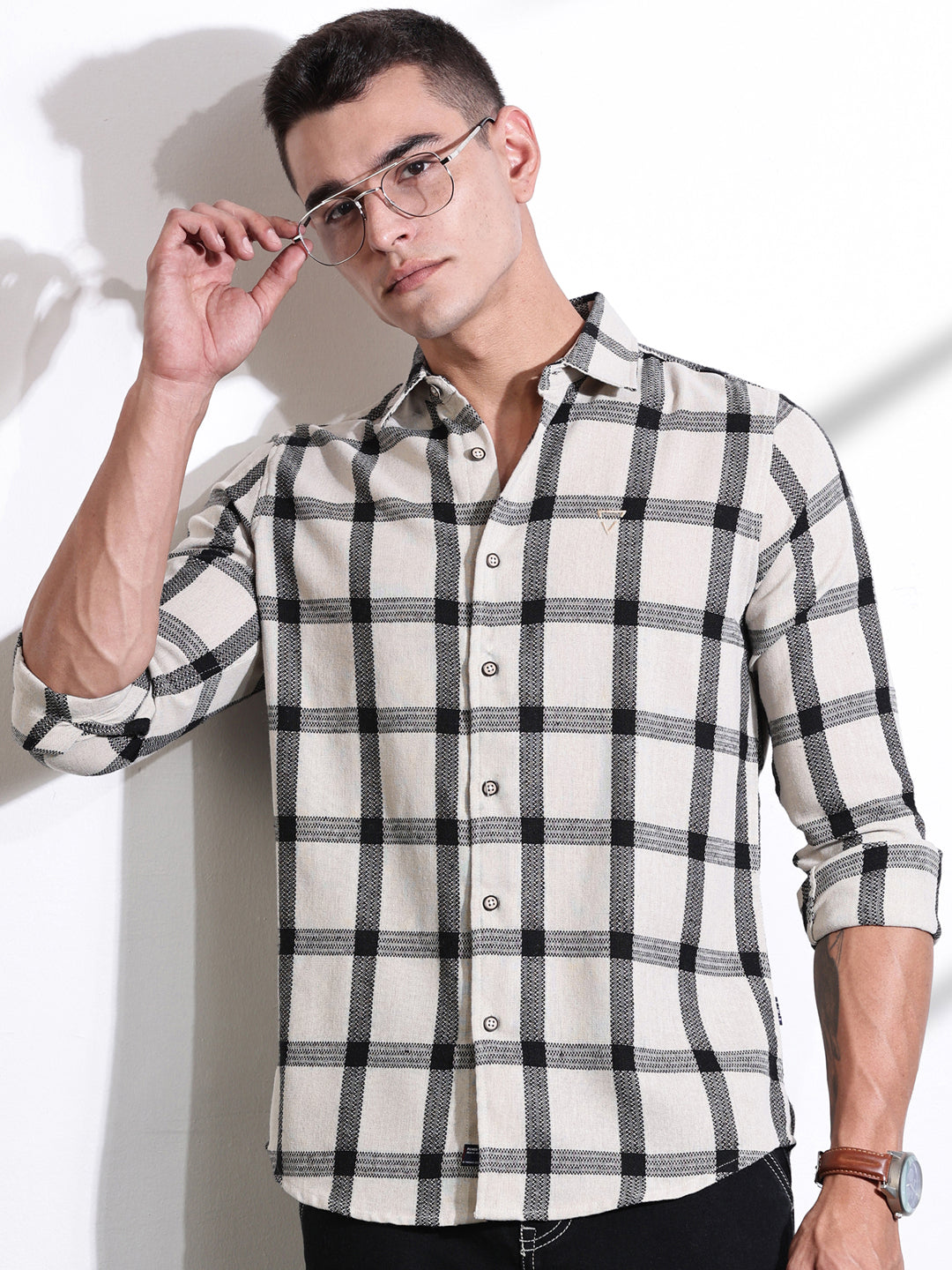 Black Slim Fit Windowpane Checked Cotton Casual Shirt