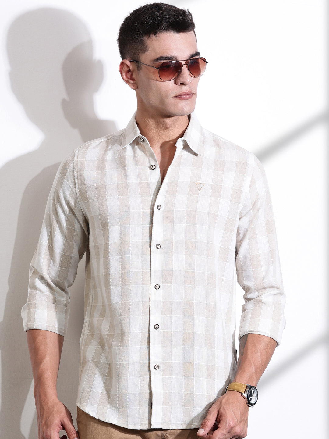 Thomas Scott Men Beige Slim Fit Windowpane Checked Cotton Casual Shirt