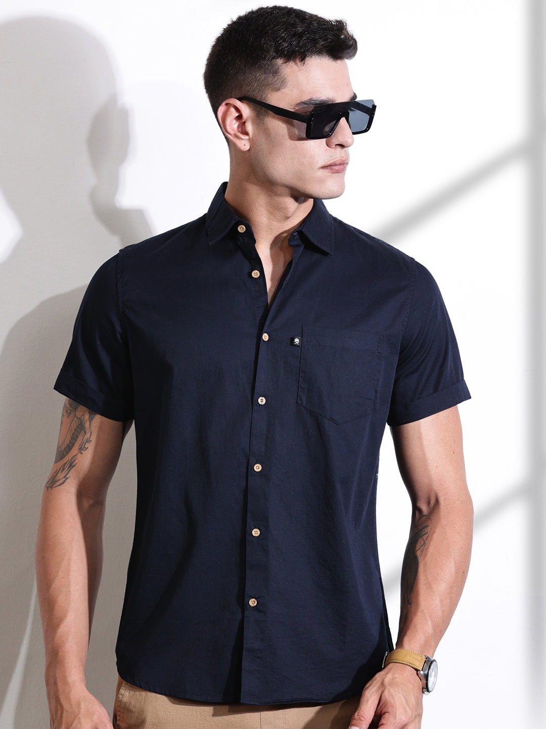 Thomas Scott Men Navy Slim Fit Solid Cotton Casual Shirt