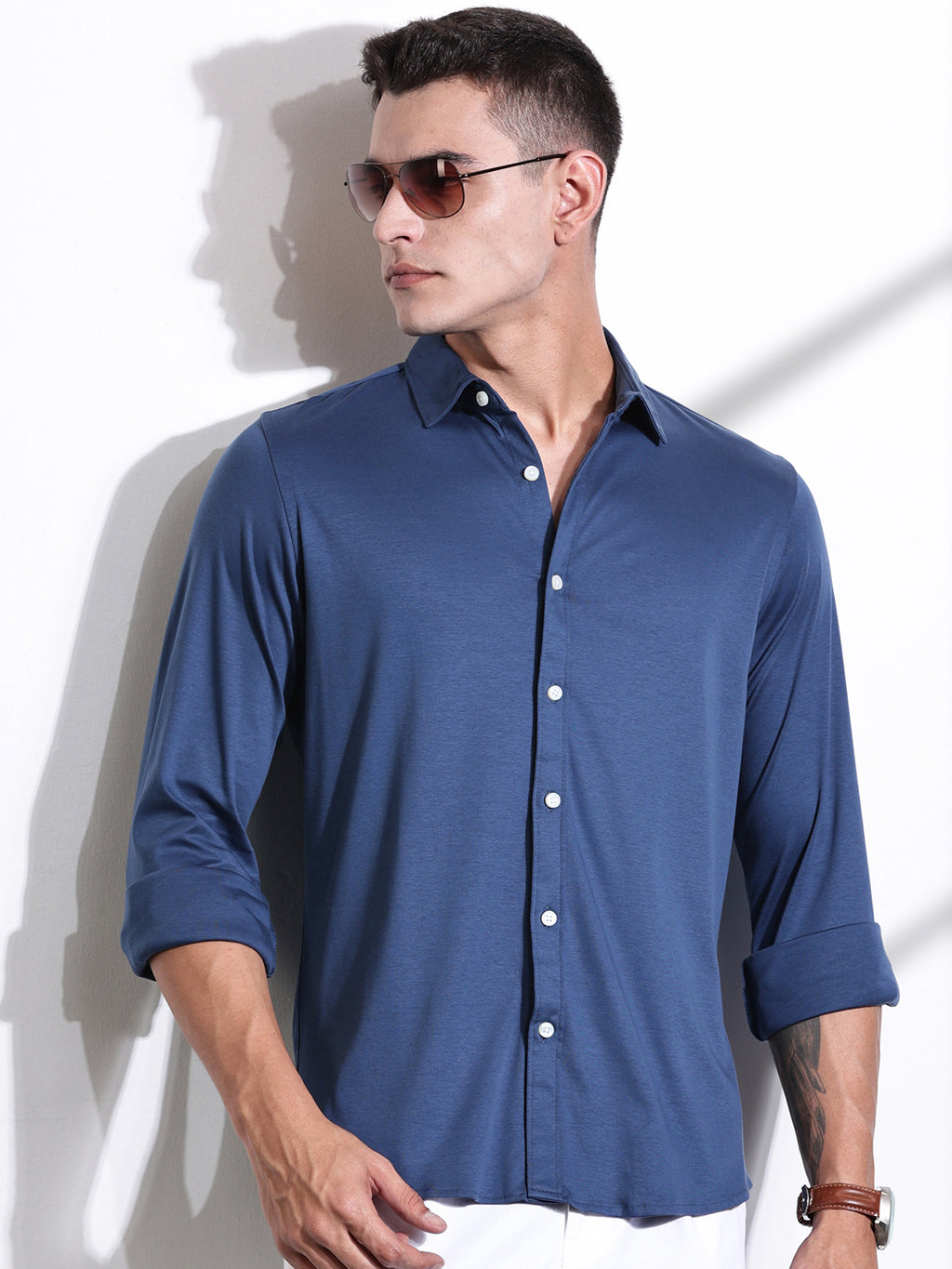 Thomas Scott Men Medium Blue Spread Collar Slim Fit Long Sleeves Solid Knitted Shirt
