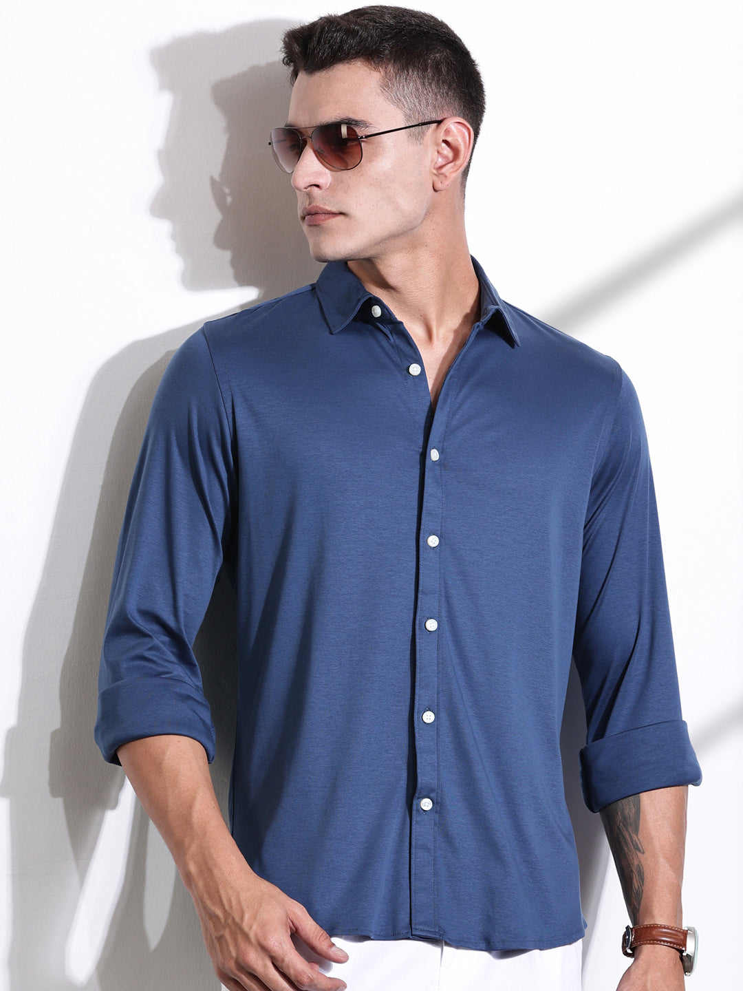 Thomas Scott Men Medium Blue Spread Collar Slim Fit Long Sleeves Solid Knitted Shirt