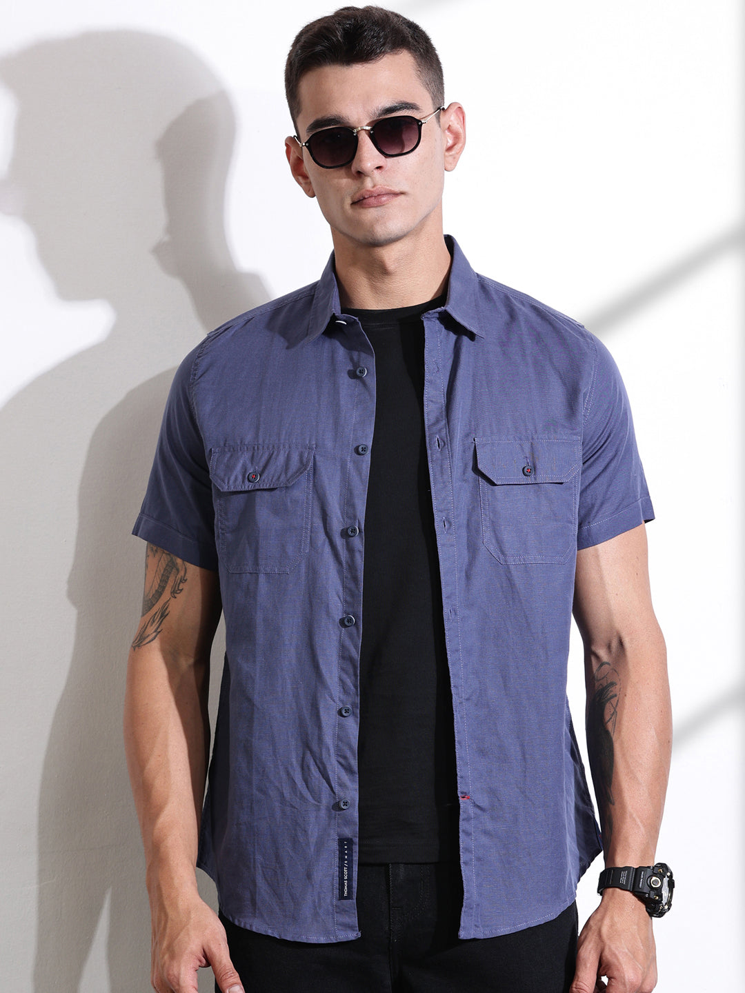Thomas Scott Men Blue Slim Fit Solid Linen Casual Shirt