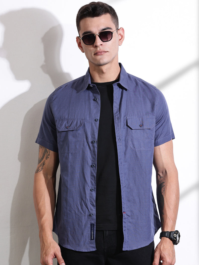 Thomas Scott Men Blue Slim Fit Solid Linen Casual Shirt