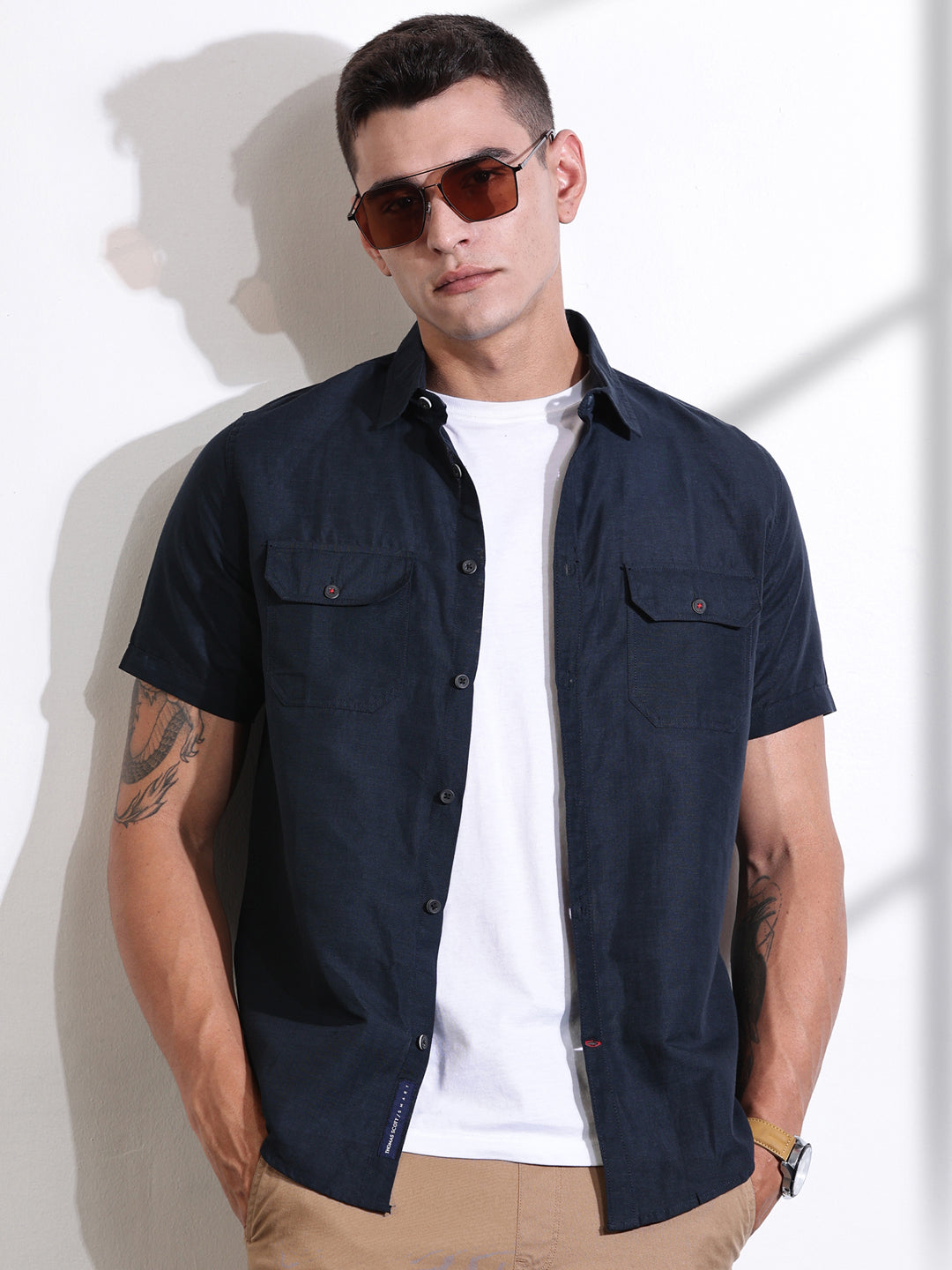 Thomas Scott Men Navy Slim Fit Solid Linen Casual Shirt