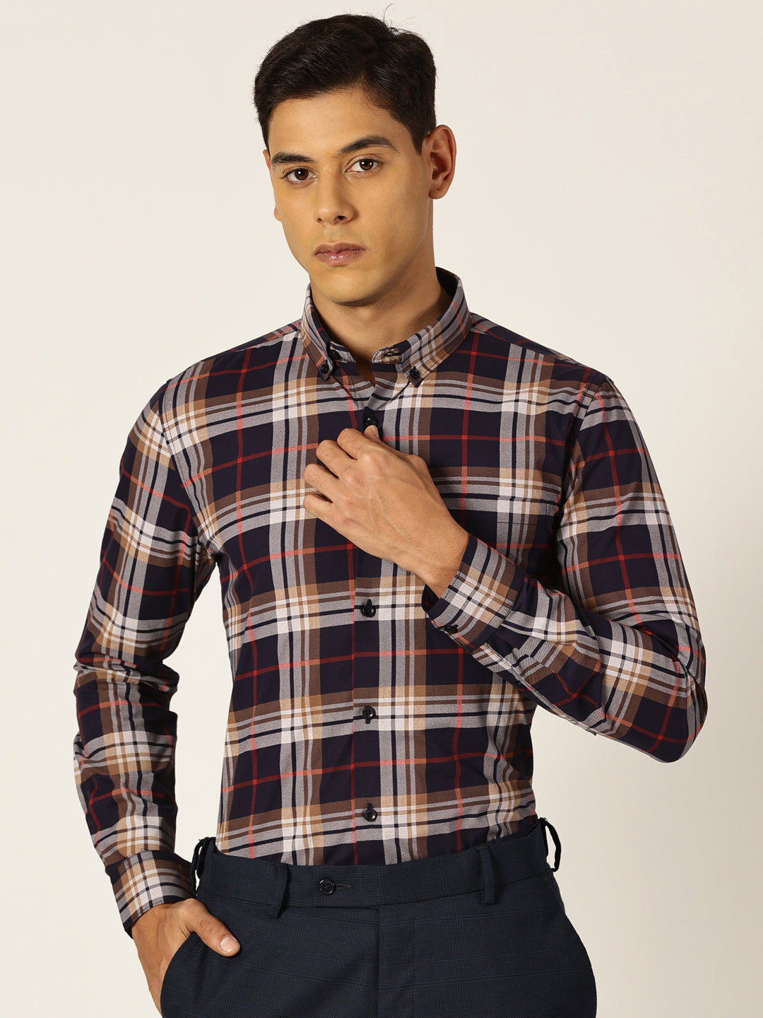Thomas Scott Men Navyblue Slim Fit Windowpane Checked Cotton Formal Shirt