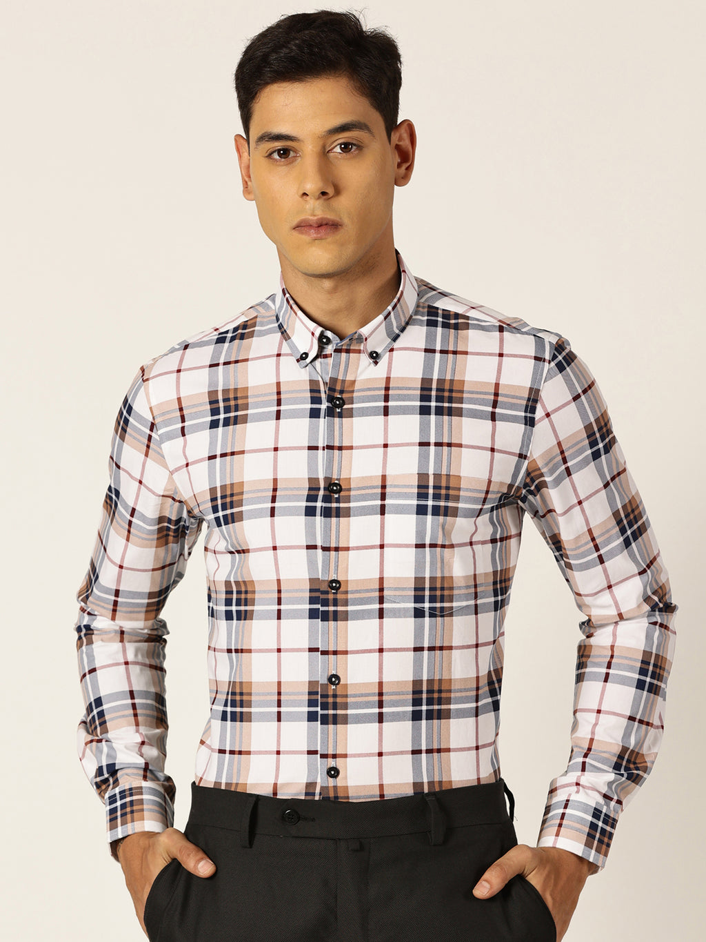 Thomas Scott Men White Slim Fit Windowpane Checked Cotton Formal Shirt
