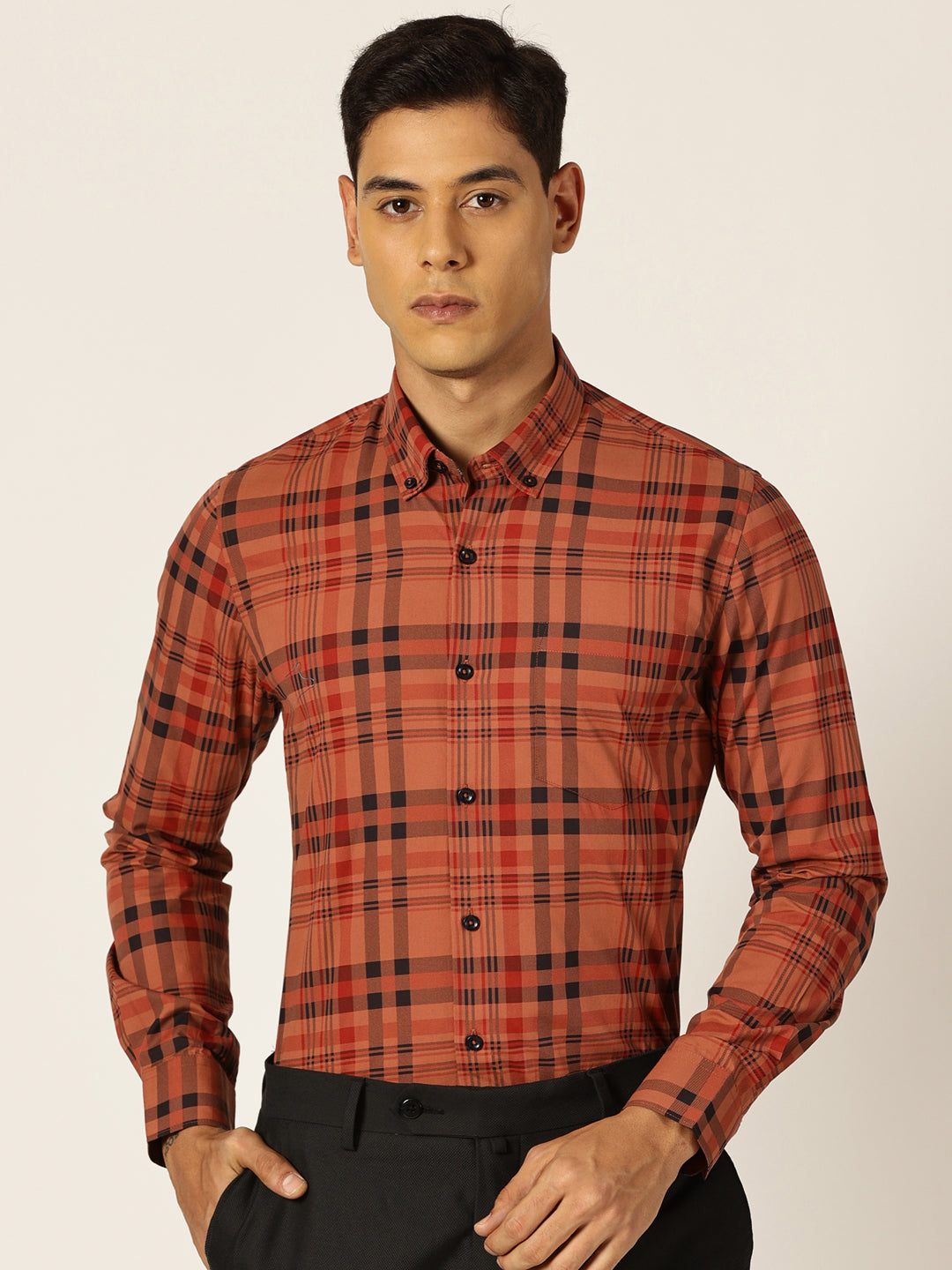 Thomas Scott Men Red Slim Fit Windowpane Checked Cotton Formal Shirt