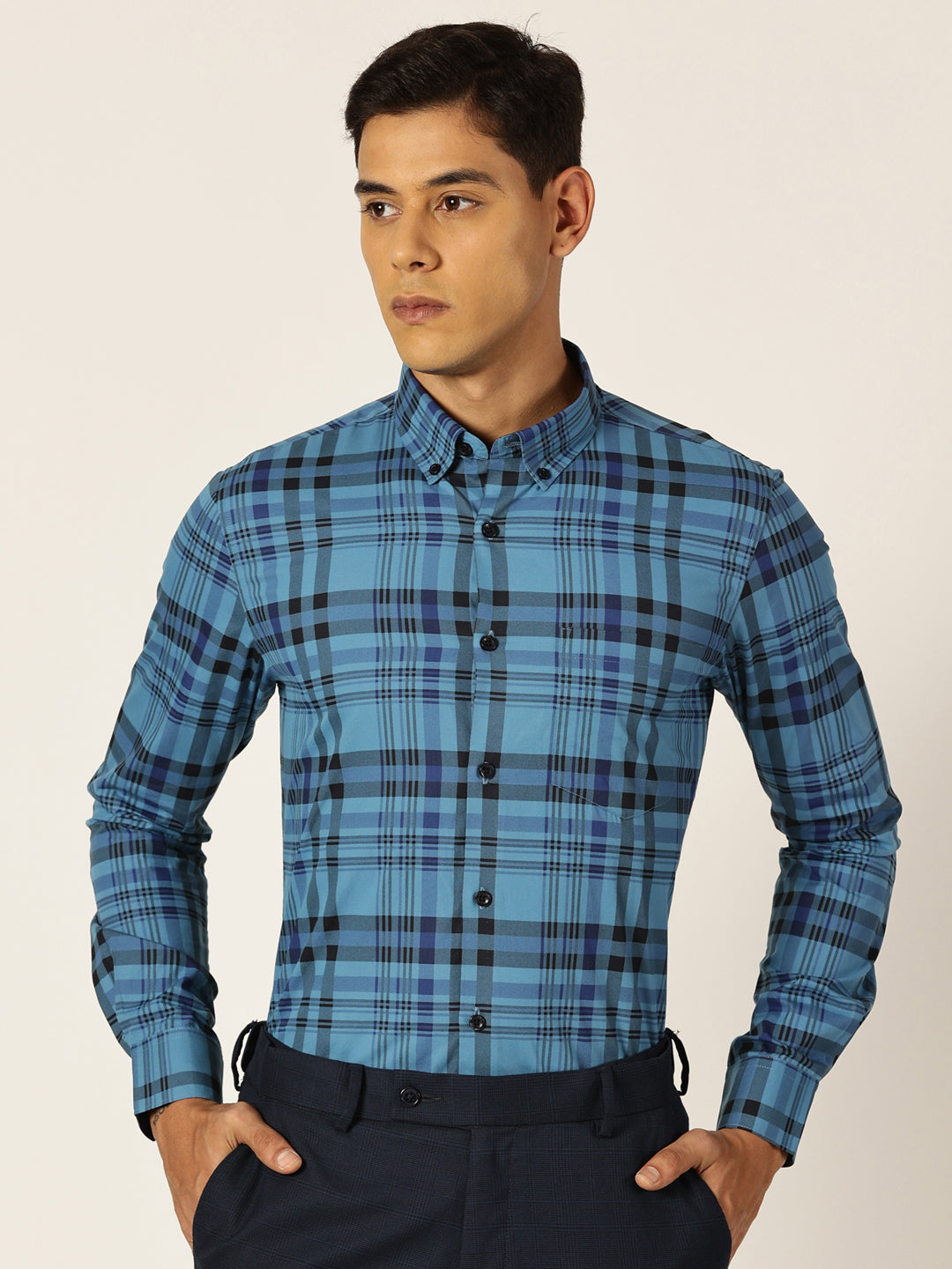 Thomas Scott Men NavyBlue Slim Fit Windowpane Checked Cotton Formal Shirt