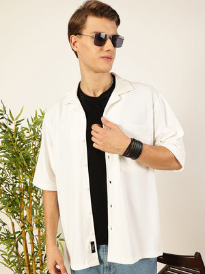 White Oversized Textured Twill Casual Shirt
