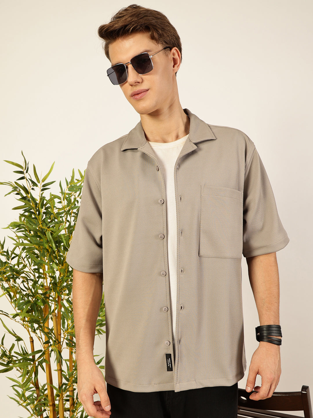 LightGrey Oversized Textured Twill Casual Shirt
