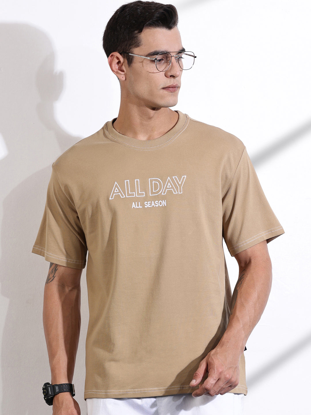 Thomas Scott Men Beige Oversized Typography Print Knit Tshirt