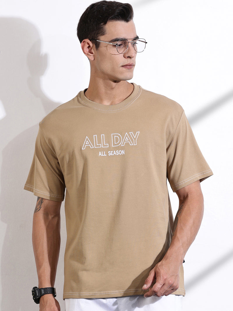 Thomas Scott Men Beige Oversized Typography Print Knit Tshirt