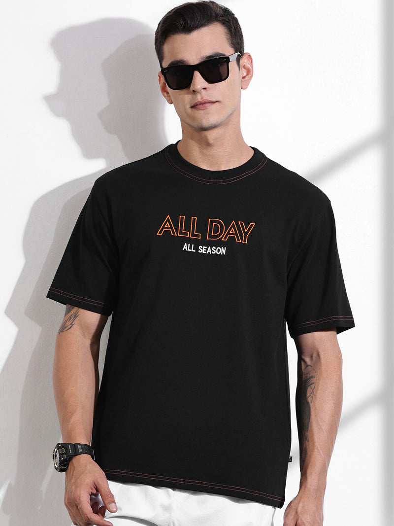 Thomas Scott Men Black Oversized Typography Print Knit Tshirt