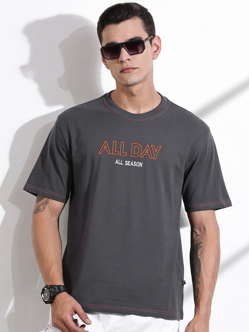 Thomas Scott Men Grey Oversized Typography Print Knit Tshirt