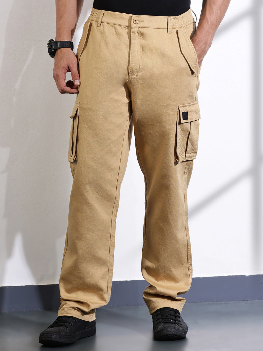 Thomas Scott Men Fawn Relaxed Fit Woven Cargo Trousers