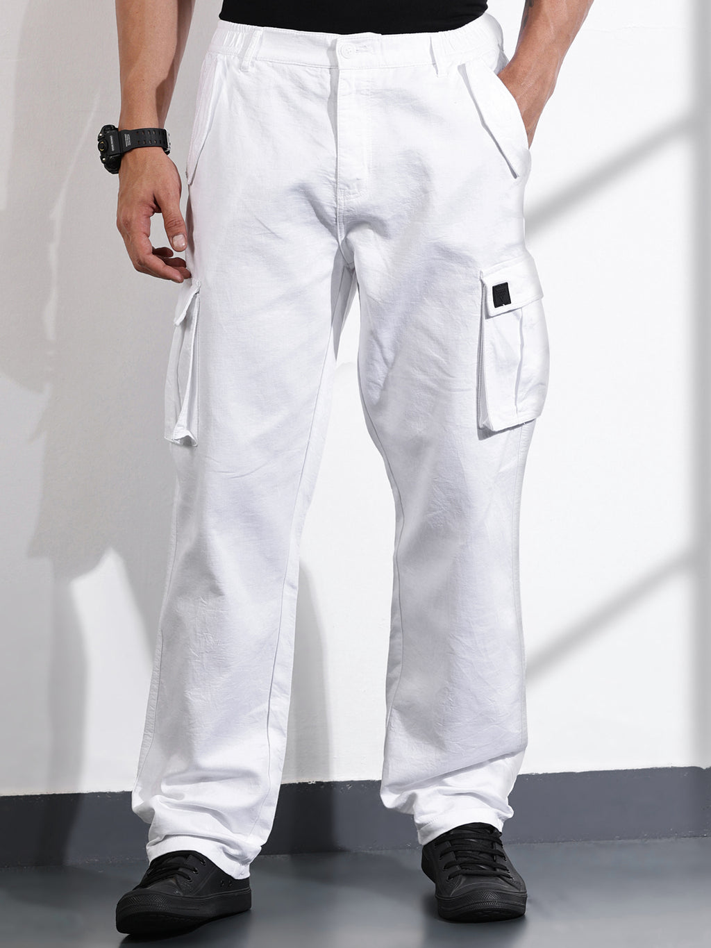 Thomas Scott Men White Relaxed Fit Woven Cargo Trousers